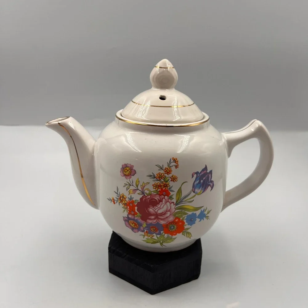 Vtg Porcelain Floral Teapot Gold Trim White Ceramic Tea Pot Multi-Color Flower
